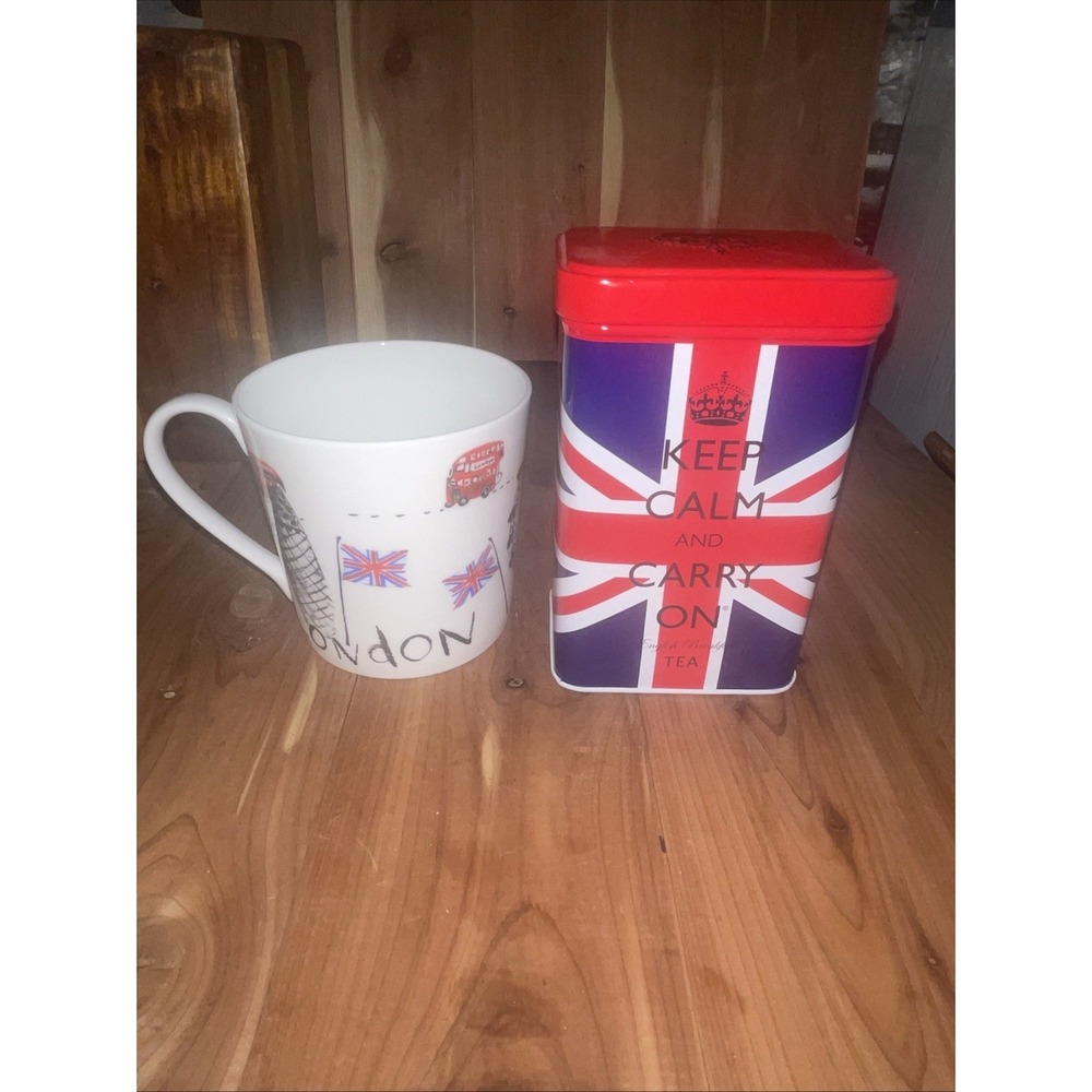 Rose of England Coffee Tea Mug & Tin Tea Can British Union Jack RWB London Eye
